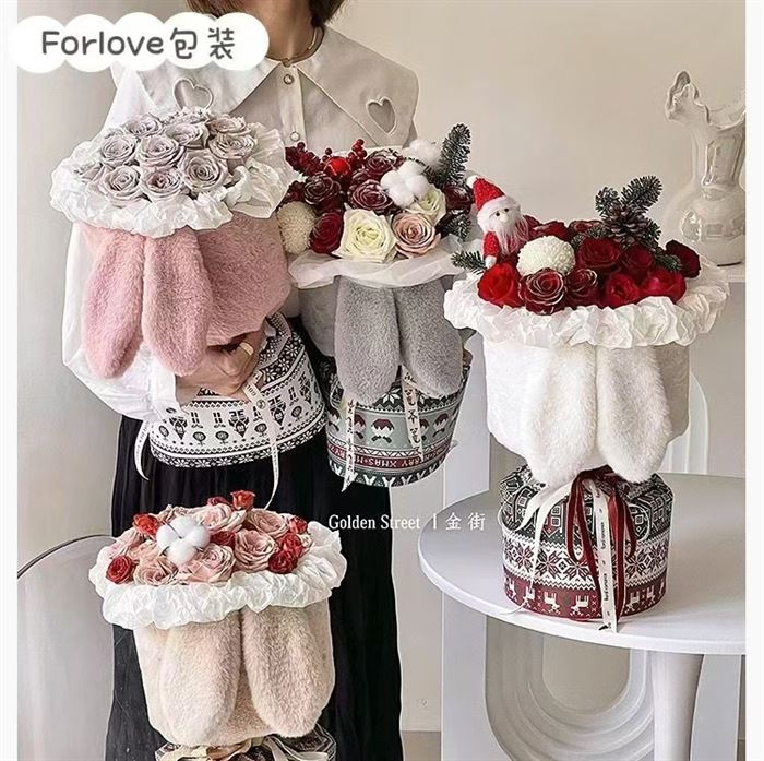 5000个爆款兔耳朵抱抱桶小香风，毛绒鲜花包材，多色，独立包装……