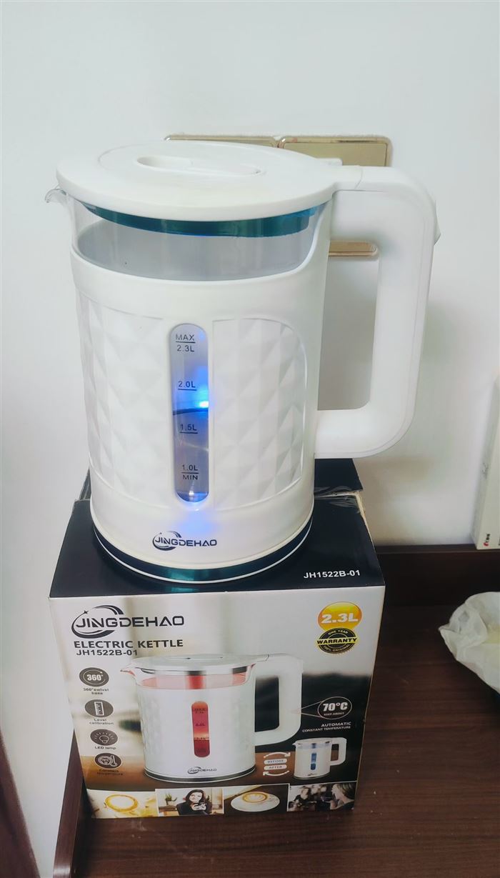 高硼玻璃电水壶， 包胶防烫， 2.3升 