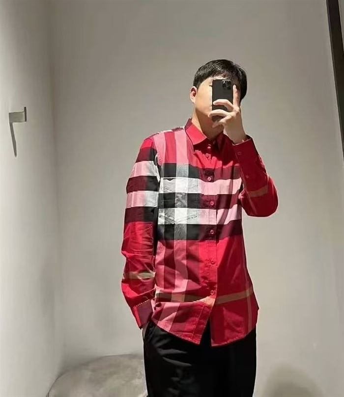 300多件Burberry博柏利男士商务衬衫红色格纹长袖衬衫