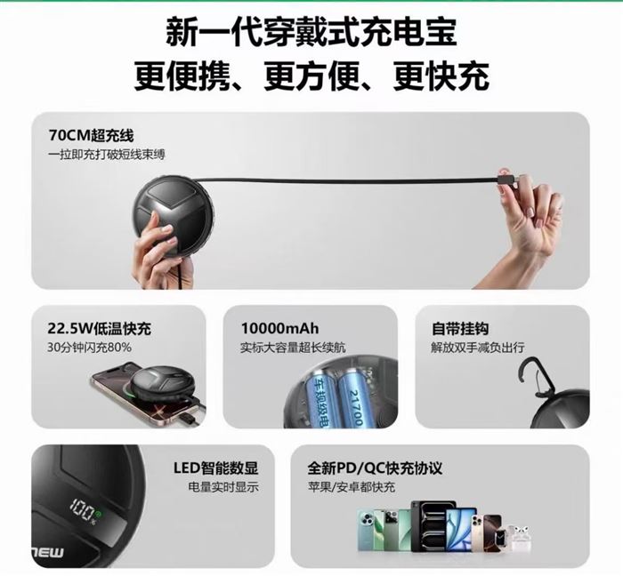 穿戴式便携充电宝 自带type伸缩线➕照明21700动力电芯，10000毫安，双向pd20w