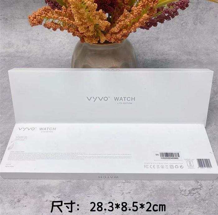 品名：VYVO 智能手表 包装尺寸：约28.3×8.5×2CM 重量：约182G（含充电线） 数量：1026个 产品卖点：简约方屏设计，多运动模式，心率监测，长续航智能穿戴