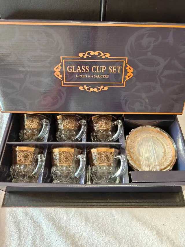 玻璃制品金边咖啡杯碟套装，适合外贸出口，6杯6碟